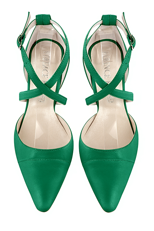 Emerald green women's open side shoes, with crossed straps. Tapered toe. Medium comma heels. Top view - Florence KOOIJMAN